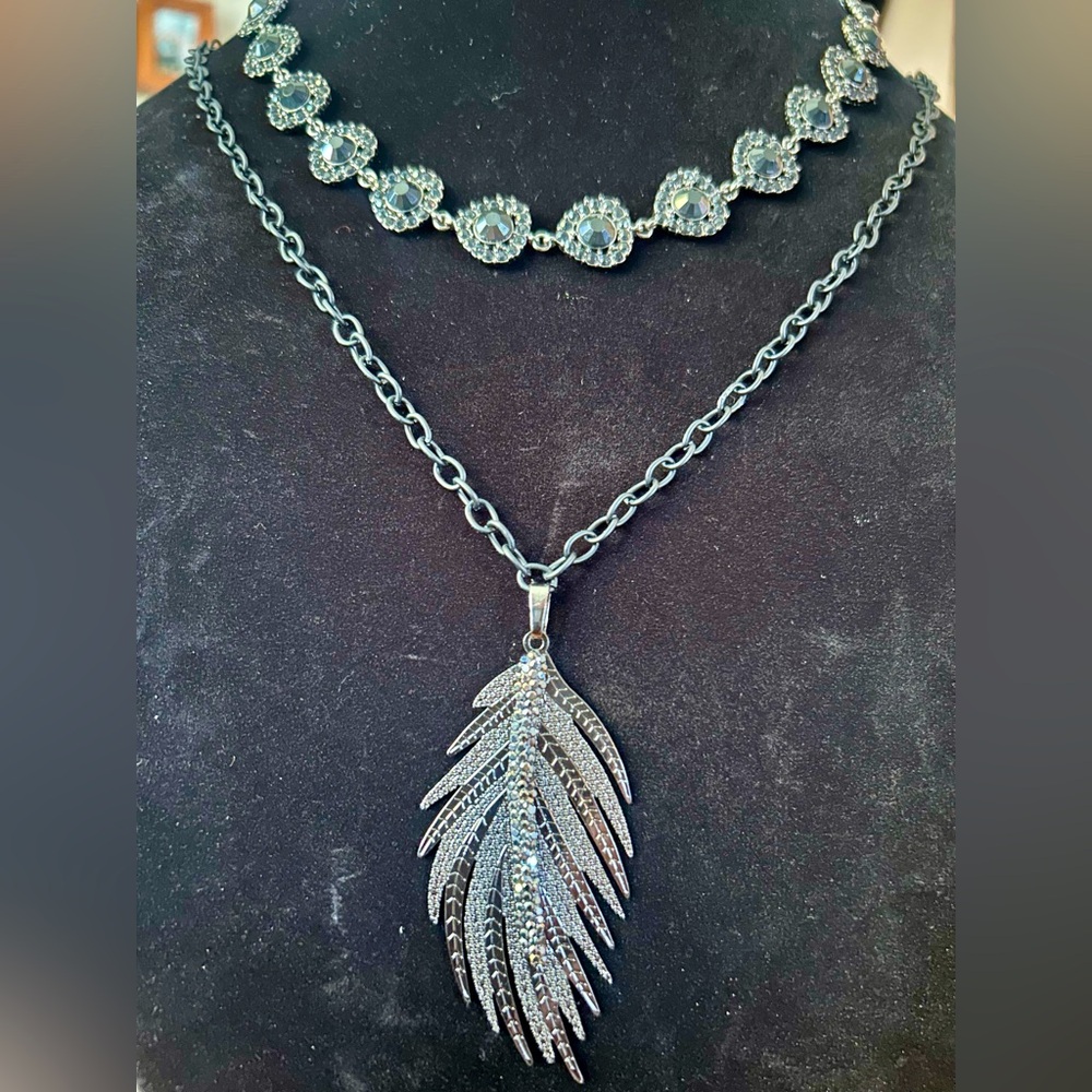 Bundle/lot 2 statement necklace black hardware crystal feather hematite handmade